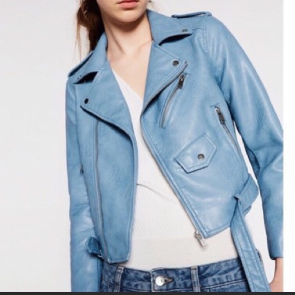 Zara Baby Blue Leather Moto Jacket (XS)